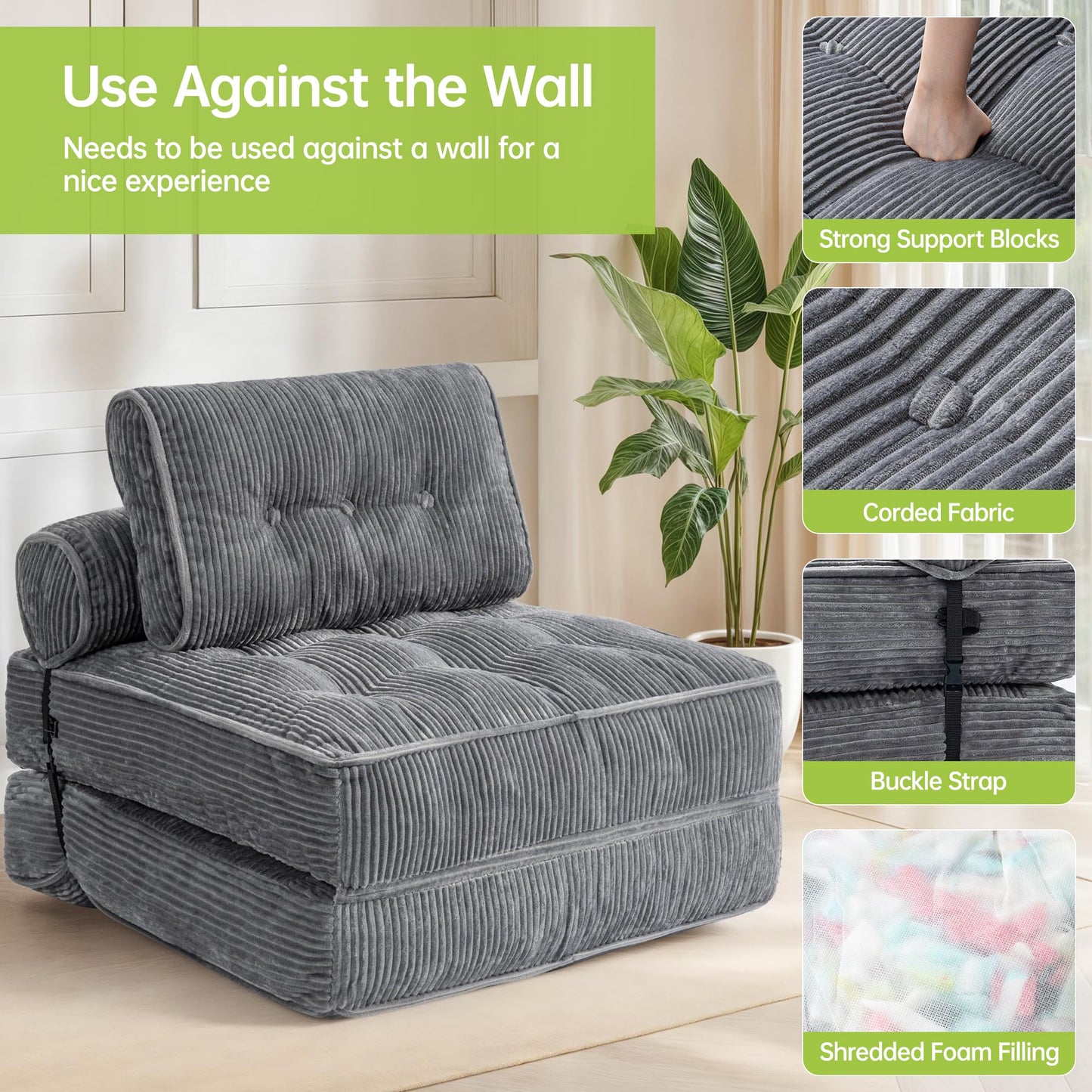 PulseFay Folding Sofa Bed, Convertible Foldable Chair Bed, Floor Couch for Adults, Comfy Floor Sofa Small Couches for Small Spaces, Gray