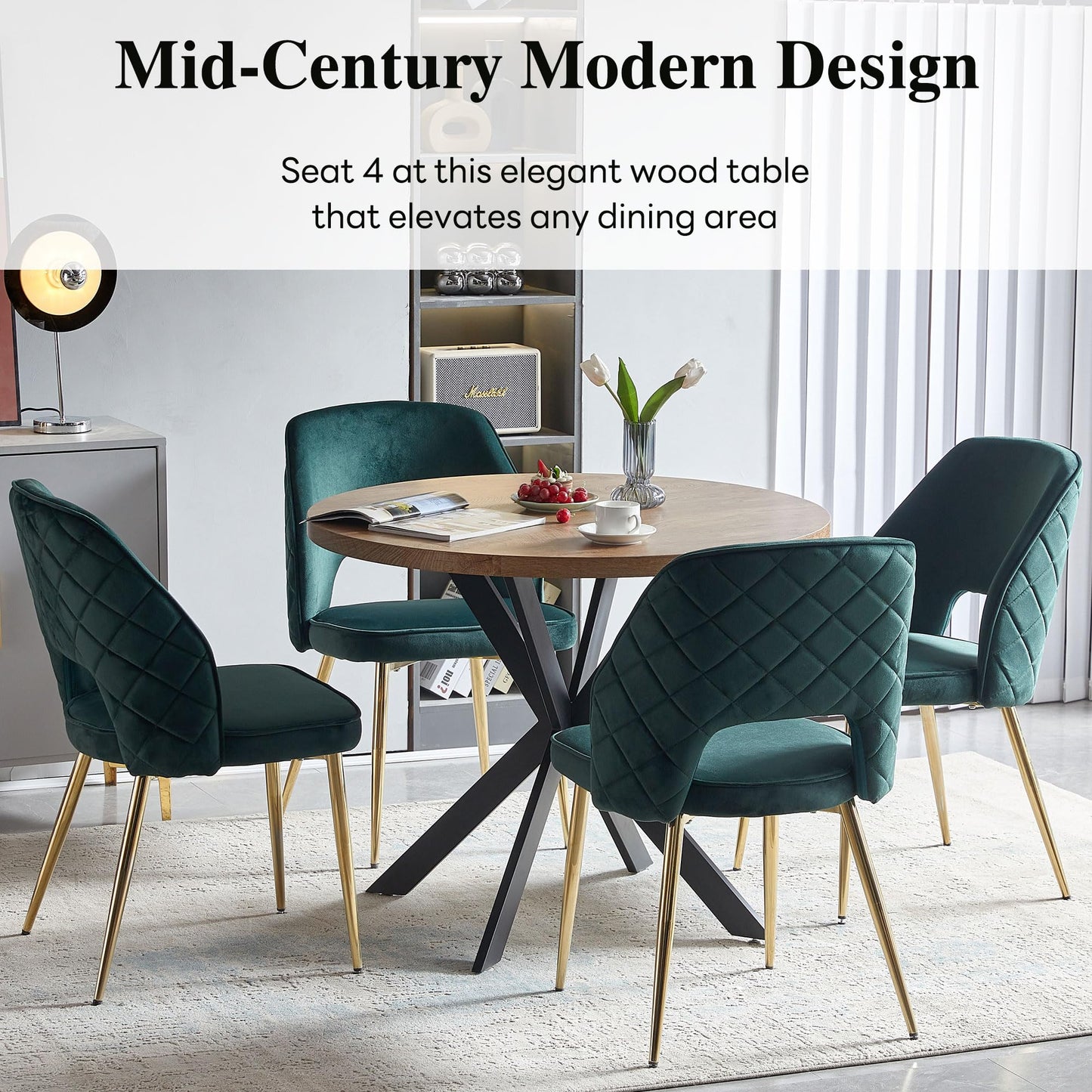 NORDICANA 5-Piece Dining Table Set for 4 - Space Saving 37-Inch Round Table and Chairs, 4 Seaters Dining Set with Upholstered Dining Chairs (Forest Green)