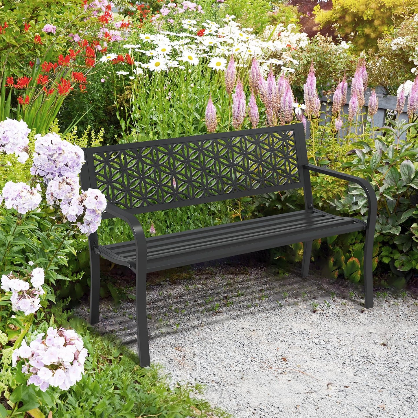VINGLI 50" Outdoor Bench Metal with Floral Back, Garden Bench Front Porch Benches for Yard Patio Entryway Park Outside, 800lb Capacity - Black
