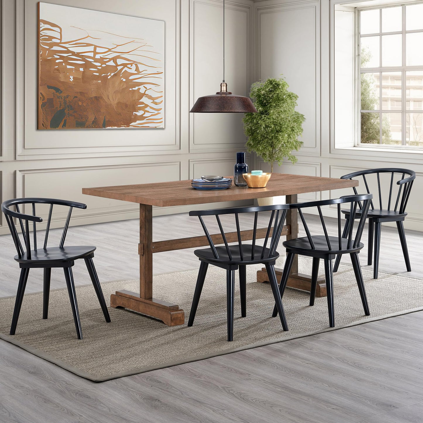 DUHOME Wooden Black Dining Chairs Set of 4, Windsor Dining Room Chairs with Arms Farmhouse Spindle Back Wood Kitchen Chairs with Curve Back, Mid Century Modern Style