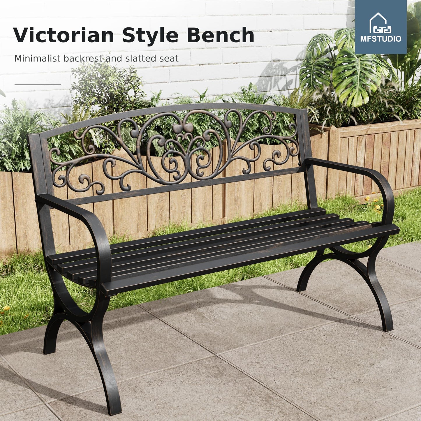 MFSTUDIO 50 Inches Outdoor Garden Bench, Cast Iron Metal Frame Patio Park Bench with Floral Pattern Backrest, Arch Legs for Porch, Lawn, Yard-Bronze