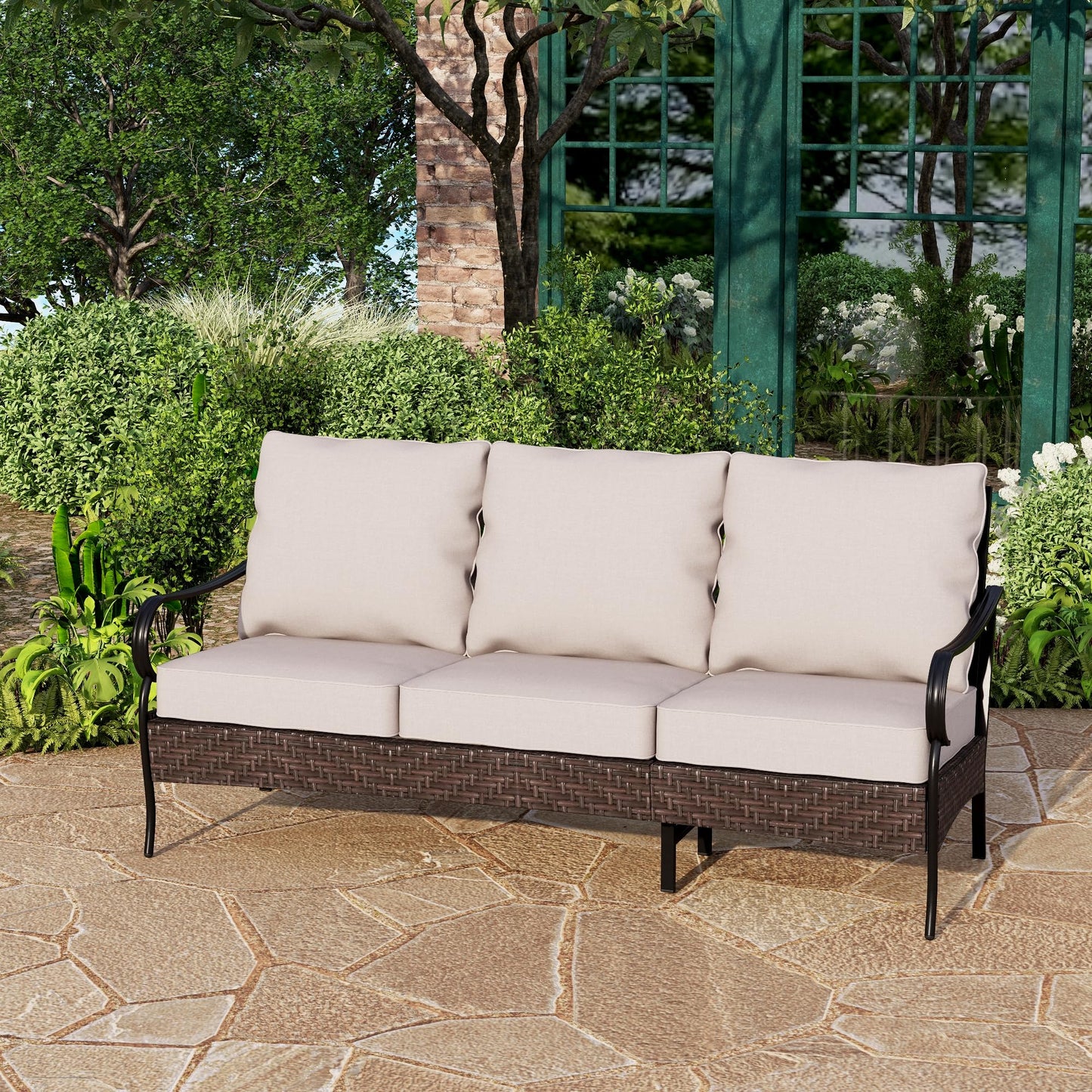 PHI VILLA Wicker & Metal Outdoor Patio Couch,3-Seat Patio Sofa with Deep Seating for Front Porch, Deck, Balcony, Backyard, Sunroom