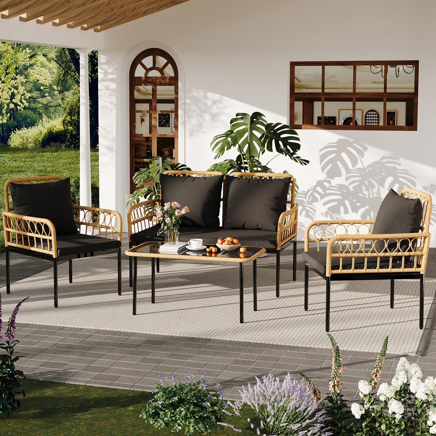 GarveeLife 4 Pieces Patio Furniture Sets Wicker Outdoor Patio Table and Chairs Set with Glass Side Table, Loveseat Chairs, Boho Rattan 4 Seater Conversation Sets for Backyard, Porch, Bistro, Black