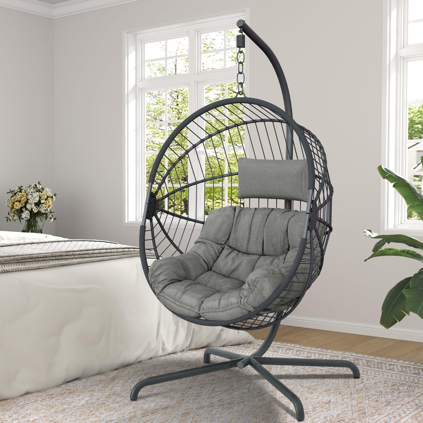 GREEN MORE Oversized Egg Swing Chair with Stand, Hanging Swing Chair, Foldable Hammock Chair with Steel Frame, 350LBS Capacity for Patio Garden Bedroom, Grey