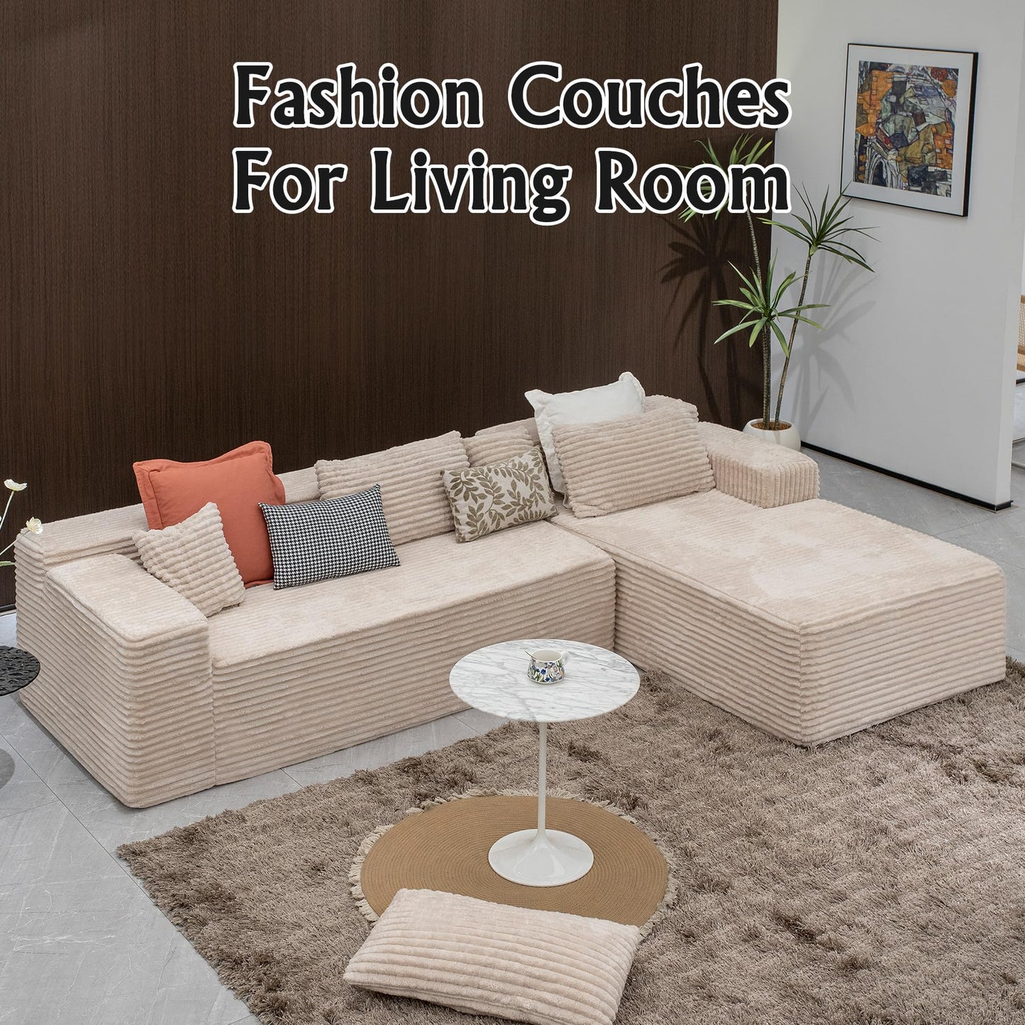 Sectional Couches for Living Room-Corduroy Couch Beige，104" Cloud Sectional Couch with L-Shape Chaise， Modern Modular Sofa, Deep Seat Comfort, No Assembly Required(Plush Corduroy Fabric)