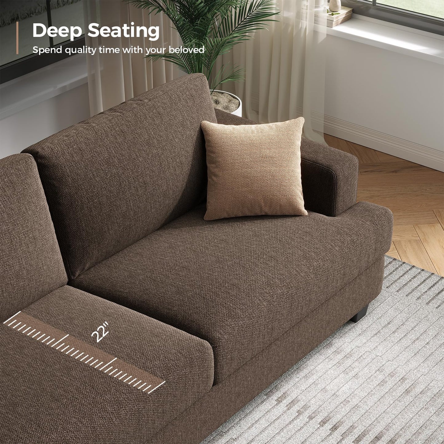 COPIAE 84 Inch Sofa with Extra Deep Seats Oversize, Linen Fabric 2 Seater Sofa for Living Room,Modern Couch and Loveseat, Comfy Armrests and Seats and Backrests, Easy Installation, Brown