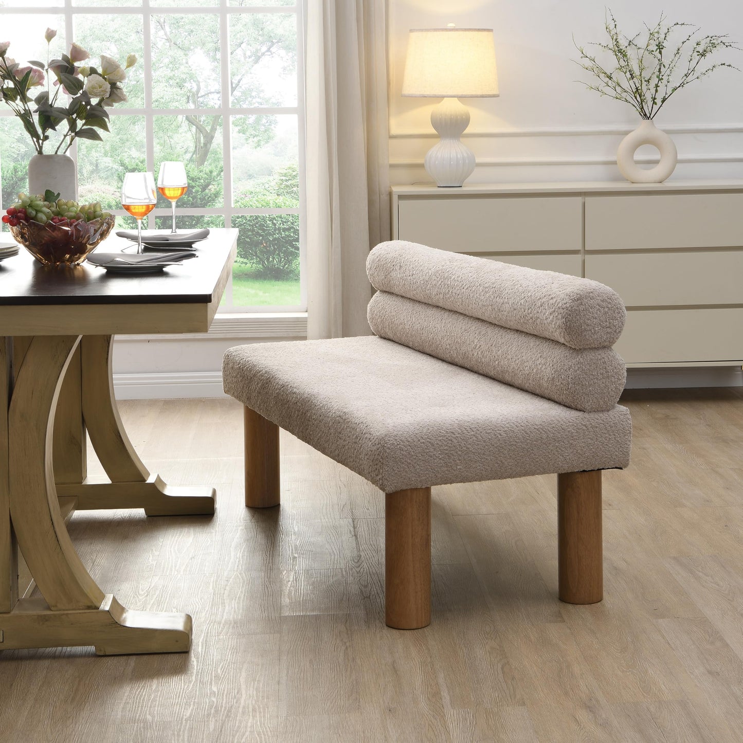 GDFStudio Upholstered Boucle Dining Bench with Backrest Farmhouse Entryway Bench with Rubber Wood Legs Long Indoor Bench for Bedroom Living Room End of Bed Dining Room Seating, Light Grey