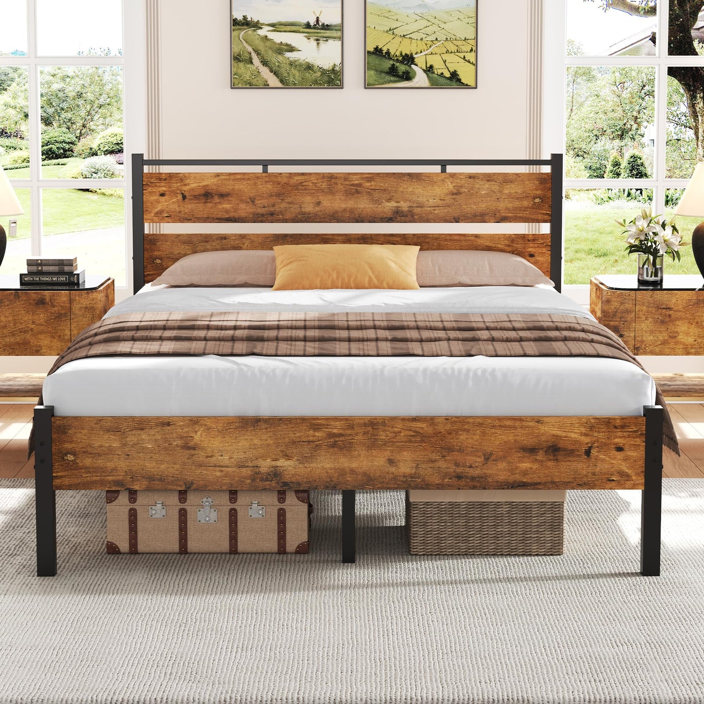 BedsPick 14 Inch Queen Bed Frame Sturdy Metal Bed Frame Queen Size with Wooden Headboard and Footboard, Noiseless/12.4" Under Bed Space/Durable Support//No Box Spring Needed/Anti-Slip, Brown
