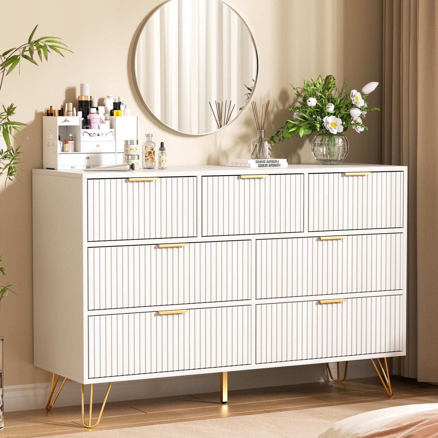 Furniway Dresser for Bedroom, Fluted Modern Dresser with Gold Pulls and 7 Drawers, 15.7" D x 47.2" W x 31.4" H, White