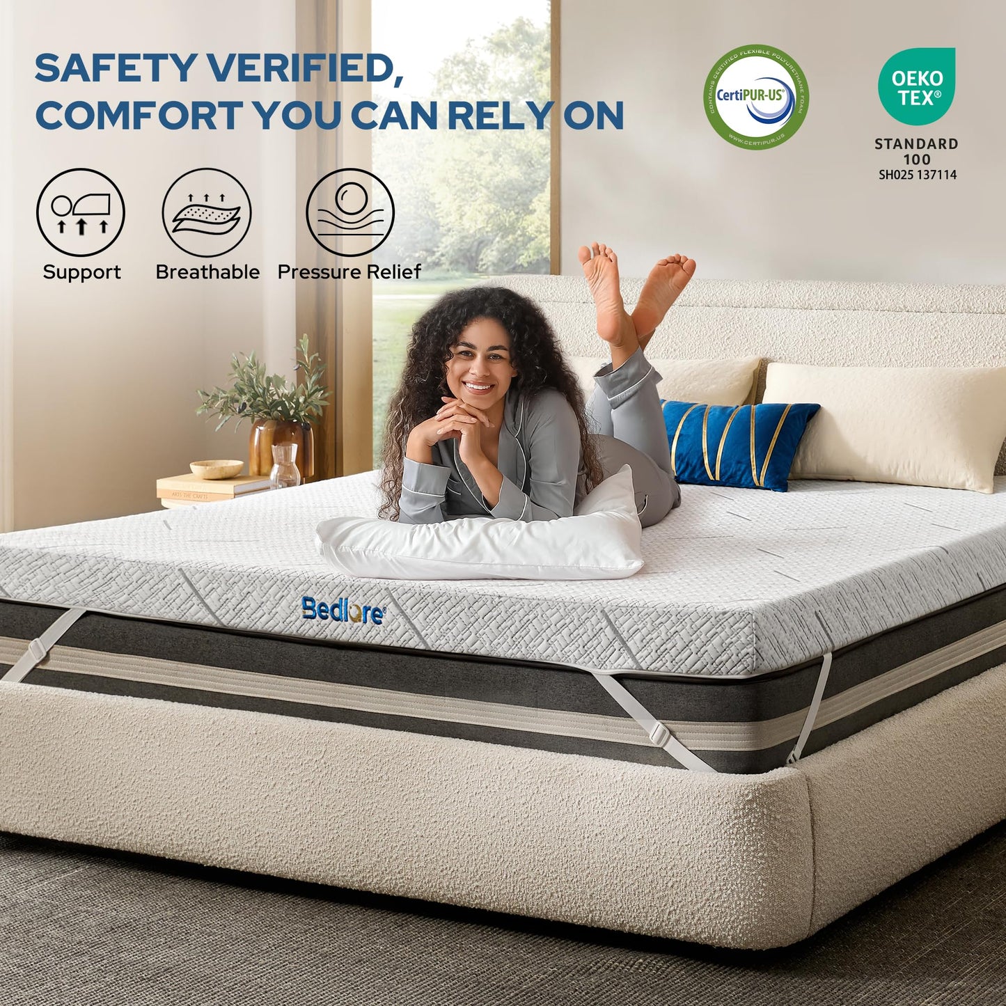 BEDLORE Queen Mattress Topper, 3 Inch Gel Memory Foam Mattress Pad with Straps for Back Pain Relief, Breathable & Non-Slip with Removable Washable Cover