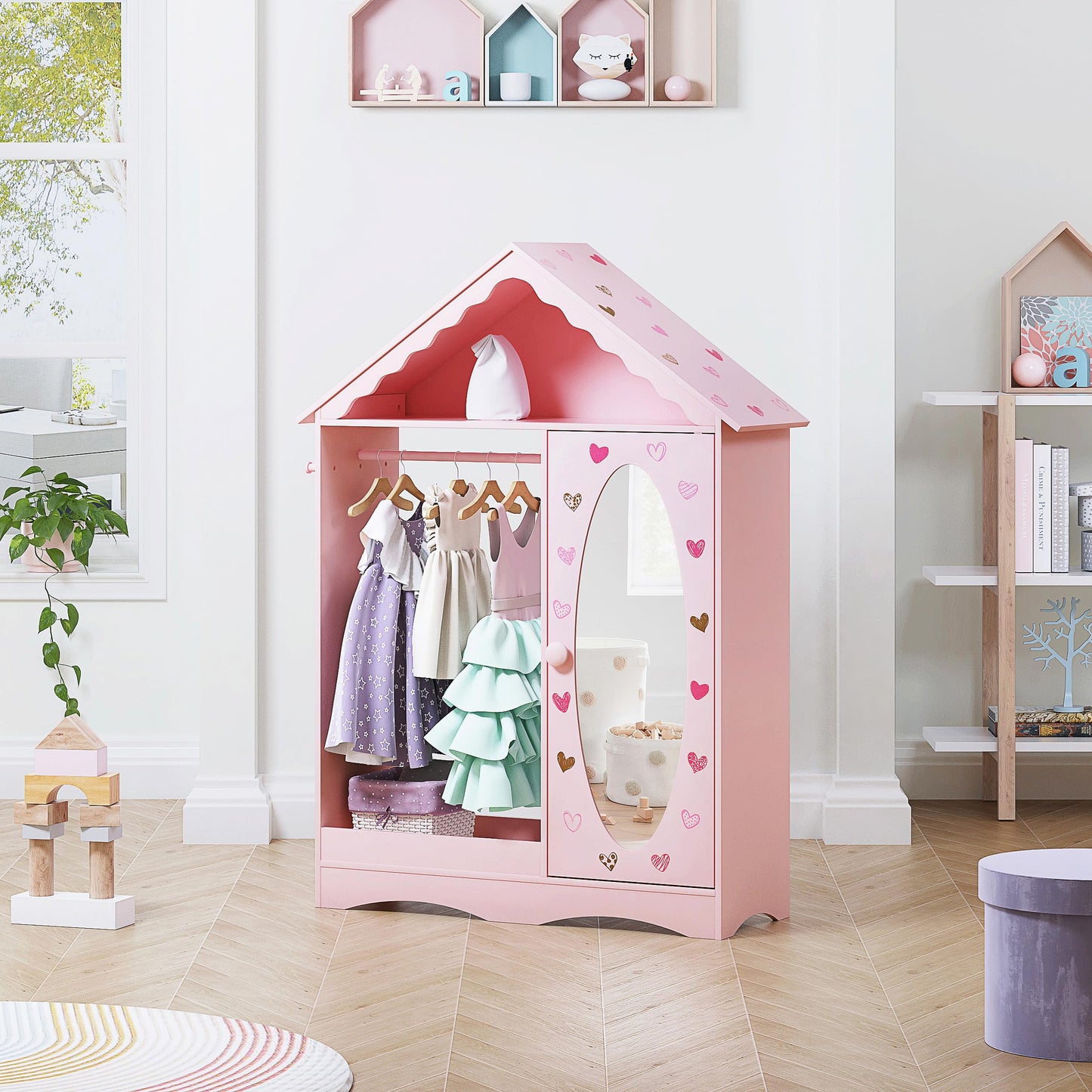 UTEX Kids Dress Up Storage with Mirror, Kids Wardrobe Closet, Dress Up Armoire for Little Girls, Open Hanging Costume Organizer with Storage Cabinet for Kids Room, Playroom