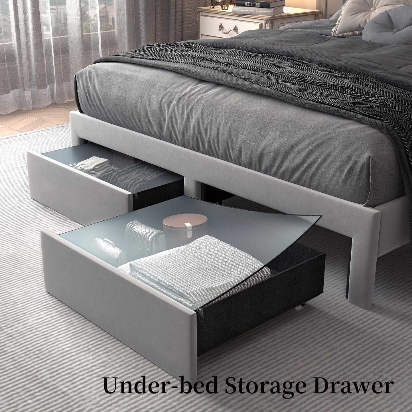 SIBEDS Queen LED Bed Frame with Storage Drawers, Velvet Upholstered Platform Beds with Galaxy Star Projector Charging Station Speaker, Aurora Bedframe with 2-Tier Storage Headboard, Noise-Free, Grey