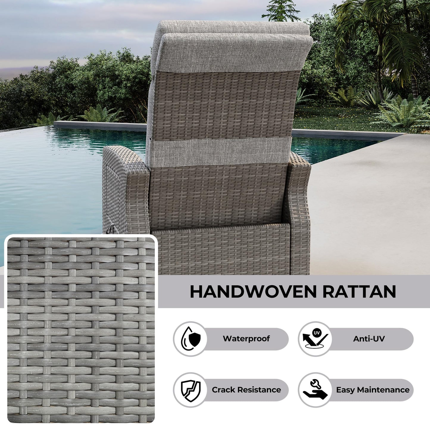 Outdoor Recliner with Independently Adjustable Backrest and Footrest, Patio Wicker Recliner Chair, All-Weather PE Wicker Patio Reclining Lounge Chair with Flip-Up Table Air Pump 155° Lay Flat