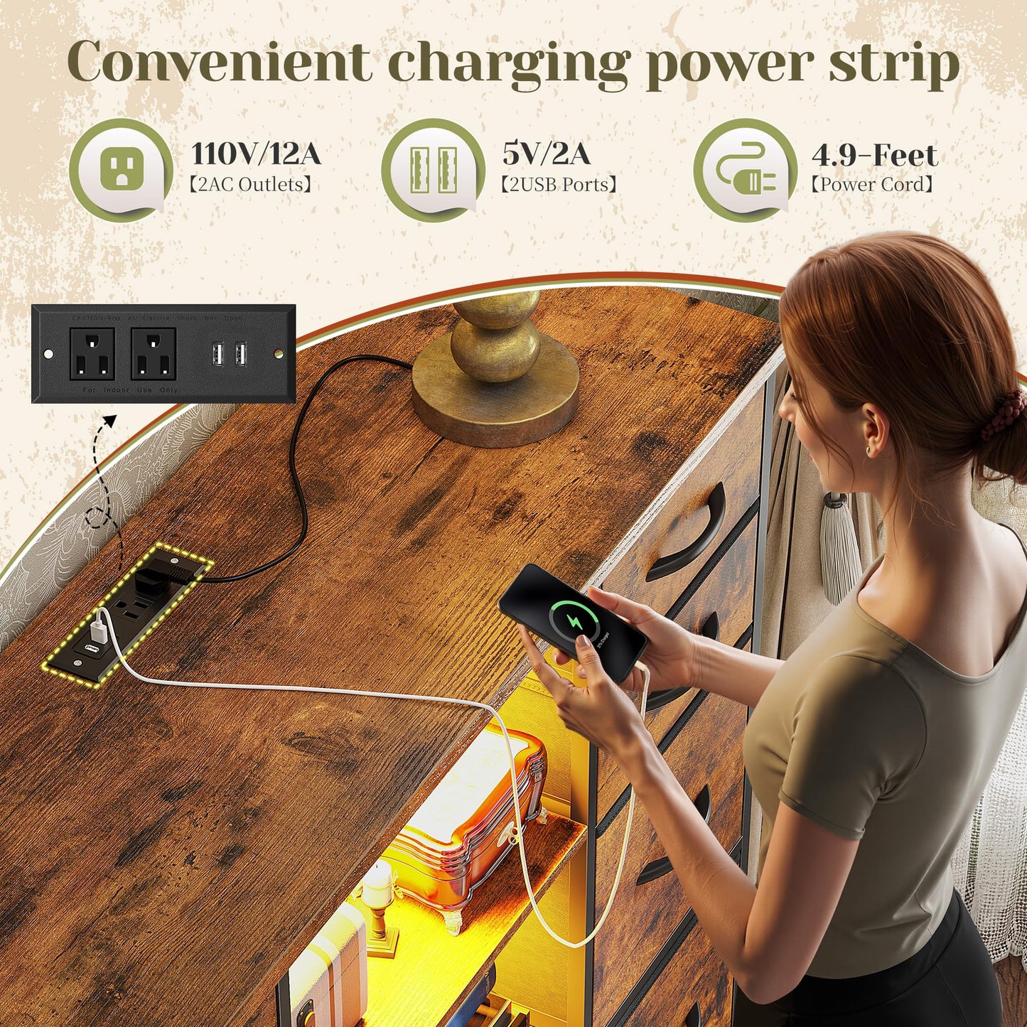 Romorgniz Tall Dresser for Bedroom with Charging Station and LED, Fabric Chests of Drawers with 15 Drawers and Extra 2 Open Shelves for Storage and Organization, for Closet, Hallway (Rustic Brown)