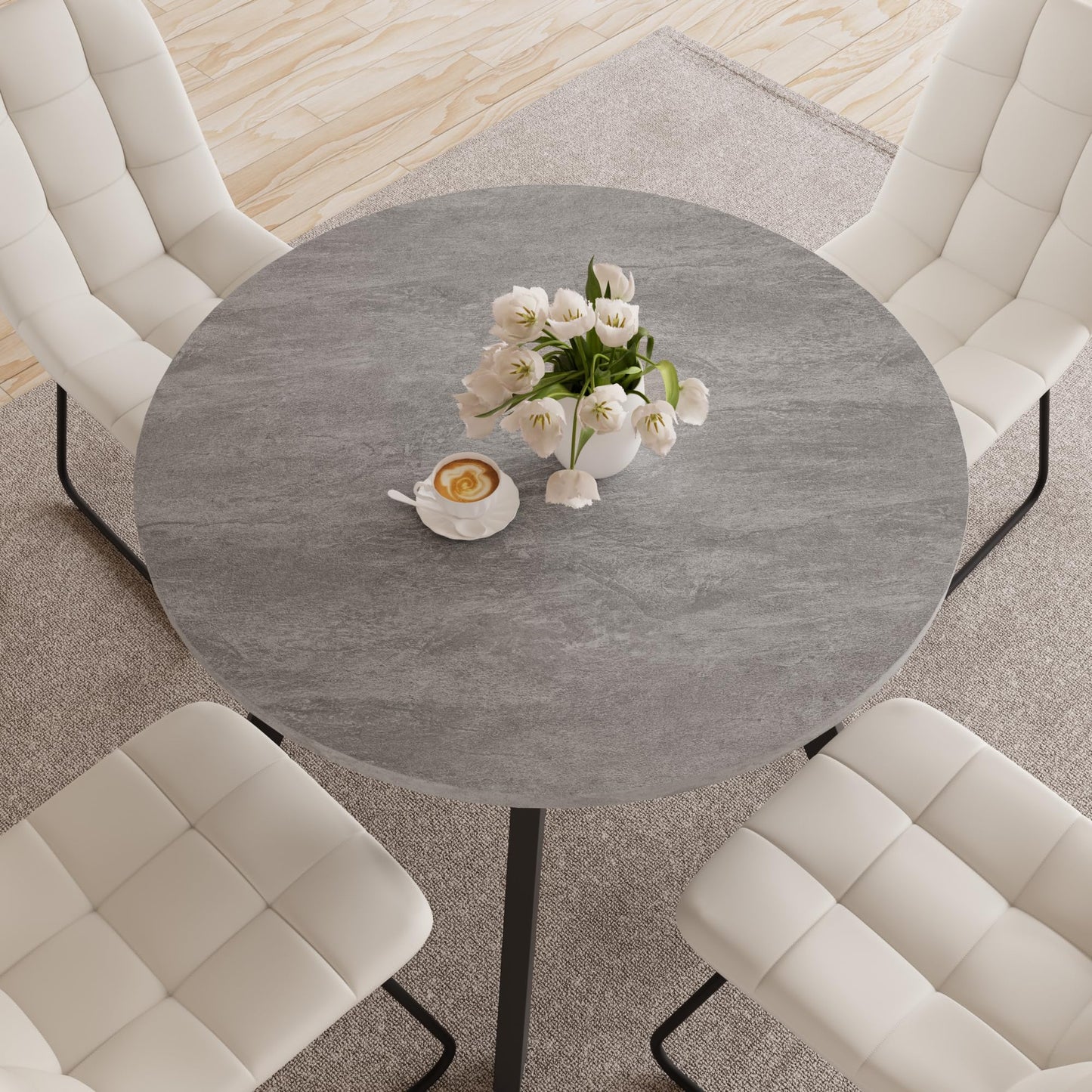 Zerifevni 34.6'' Dining Table and Chairs for 4, Mid Century Modern Round Table Set, Space Saving for Apartment Kitchen Dining Room (Grey Table+4 U-Shaped White Chairs)