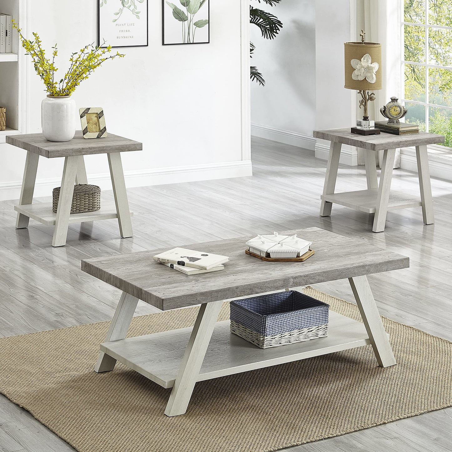 Roundhill Furniture Athens Contemporary 3-Piece Wood Shelf Coffee Table Set, Weathered Gray and Beige