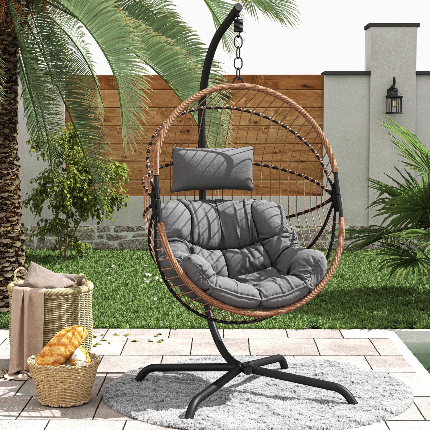 GREEN MORE Oversized Egg Swing Chair with Stand, Hanging Swing Chair, Foldable Hammock Chair with Steel Frame, 350LBS Capacity for Patio Garden Bedroom, Beige
