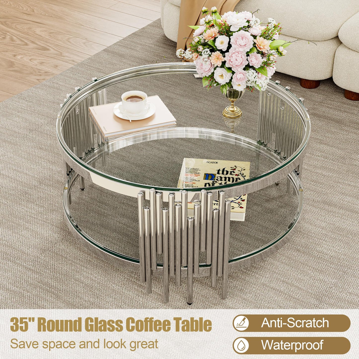 Round Glass Coffee Table, 35" Modern 2-Tier Center Table with Clear Tempered Glass Top and Silver Stainless Steel Base, Coffee Table for Living Room or Small Spaces