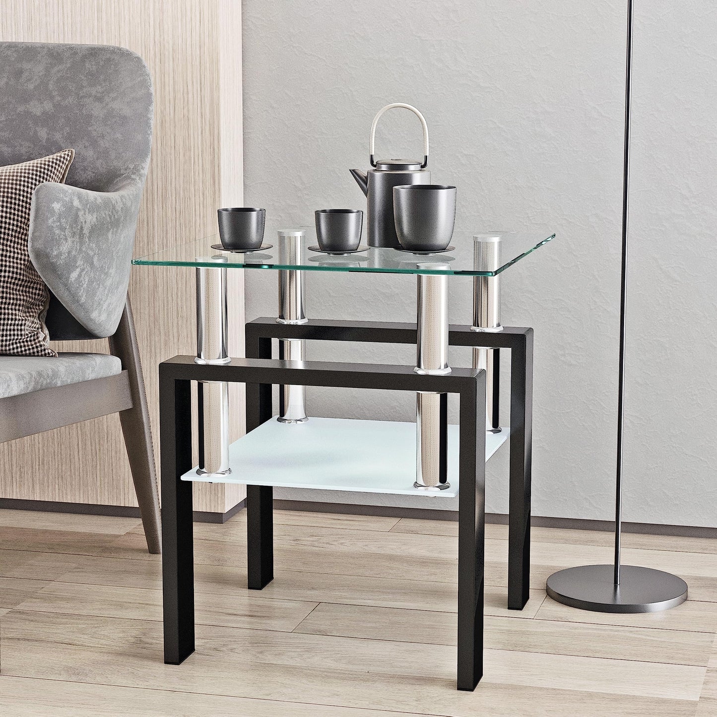 Modern Glass End Table 2-Tier Tempered Glass Top Corner Table for Living Room, Side Table with Metal Legs (Clear, 1pc)