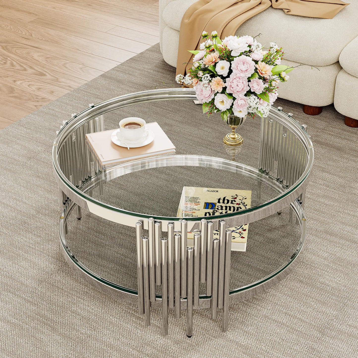 Round Glass Coffee Table, 35" Modern 2-Tier Center Table with Clear Tempered Glass Top and Silver Stainless Steel Base, Coffee Table for Living Room or Small Spaces