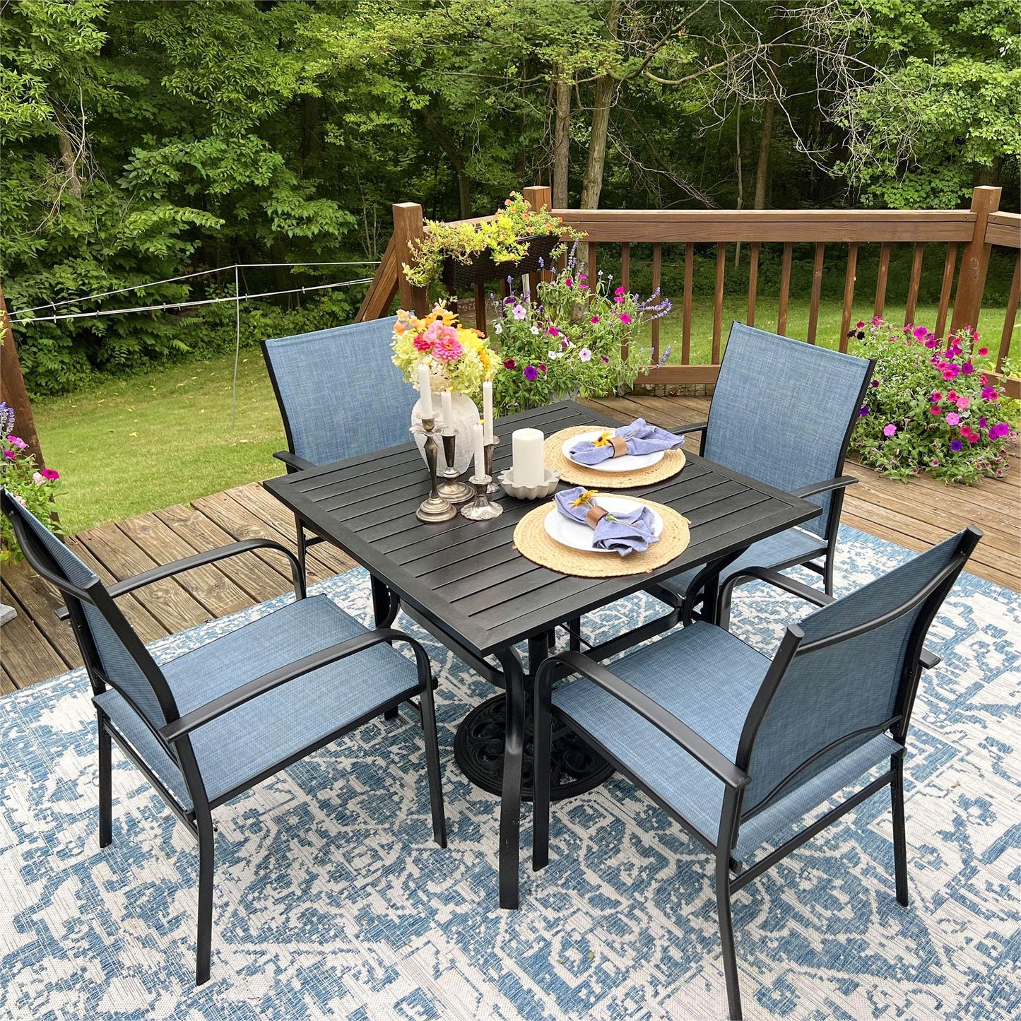 MIXPATIO 5 Pieces Patio Table and Chairs Set for 4, Outdoor Dining Furniture Set, with Blue Textilene Chairs and 37" Square Metal Umbrella Hole Table, for Deck Backyard Lawn
