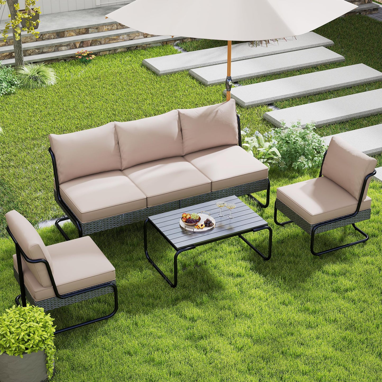 DAYARUS 4 Piece Patio Furniture Set, Modern Patio Conversation Set for 5, All Weather Bistro Furniture Set, Metal Patio Sofas Outdoor Sectional with Coffee Table and Cushions for Lawn/Garden, Khaki